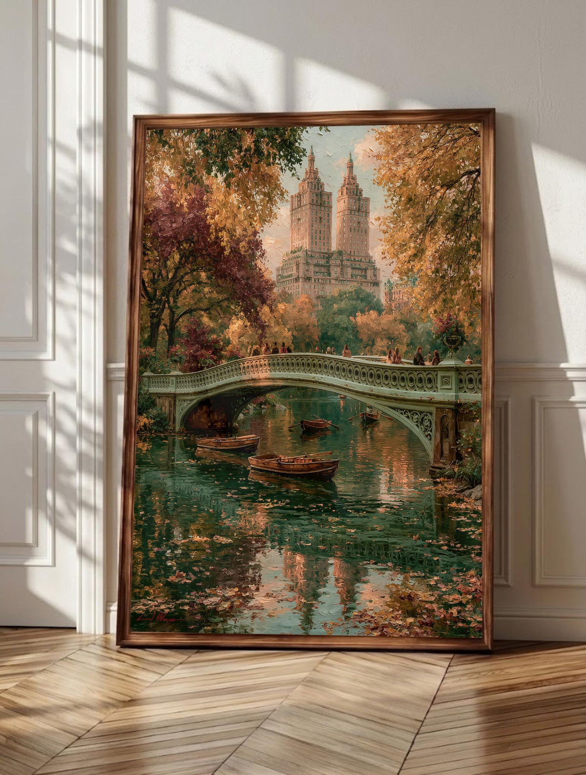 Central Park wall art: Bow Bridge doubled in still water under autumn trees, framed canvas print