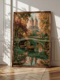 Central Park wall art: Bow Bridge doubled in still water under autumn trees, framed canvas print