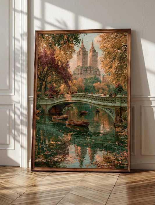 Central Park wall art: Bow Bridge doubled in still water under autumn trees, framed canvas print