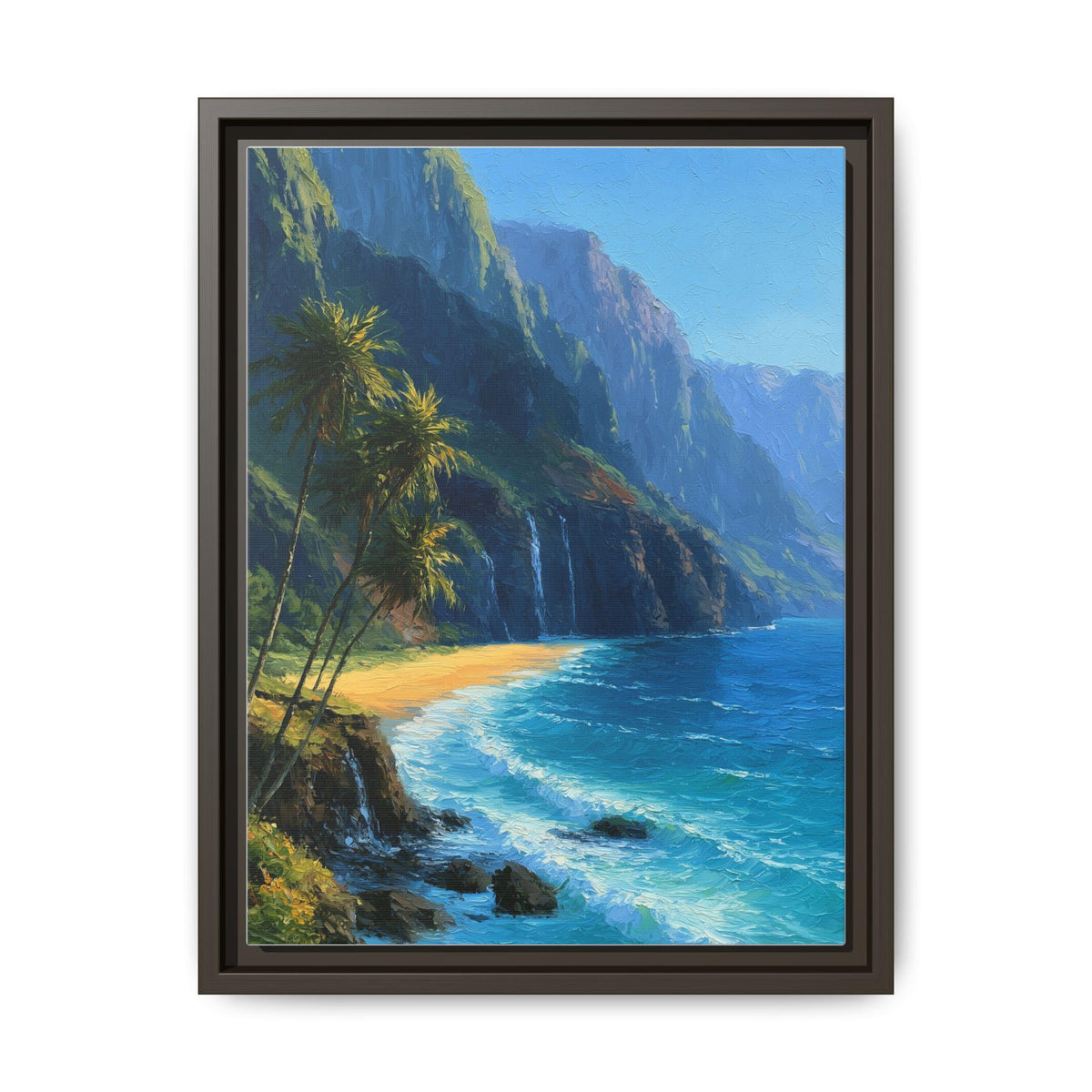 Napali Coast wall art framed canvas print in an espresso wood frame