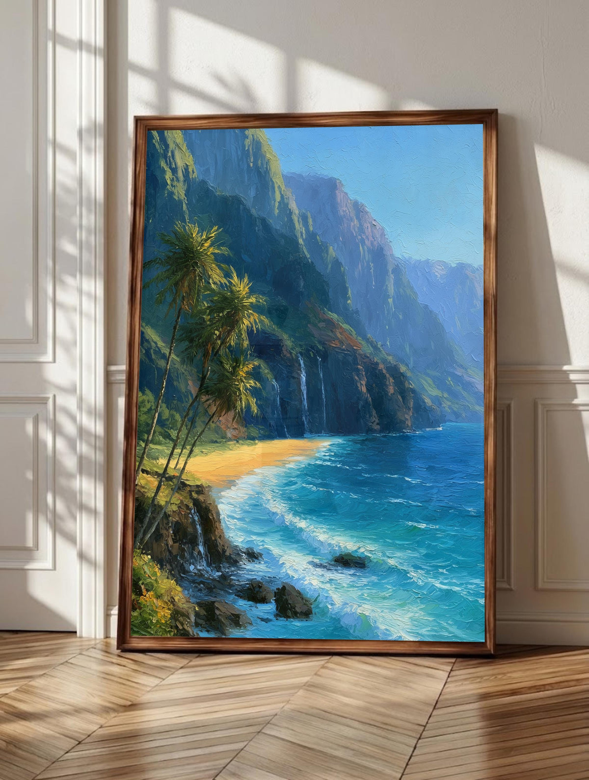 Napali Coast wall art: Kauai's green cliffs dropping into the Pacific, framed canvas print