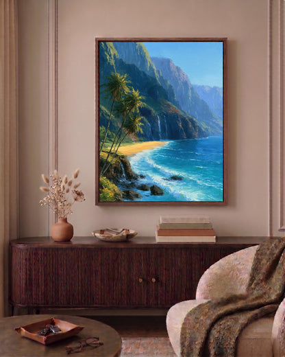 Oil-painting style Napali cliffs in deep green and ocean blue, made to order framed canvas
