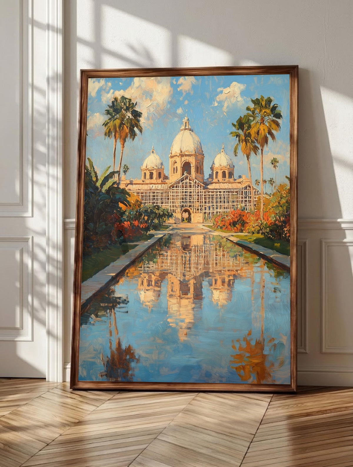 Balboa Park wall art: the latticed Botanical Building mirrored in the Lily Pond, framed canvas