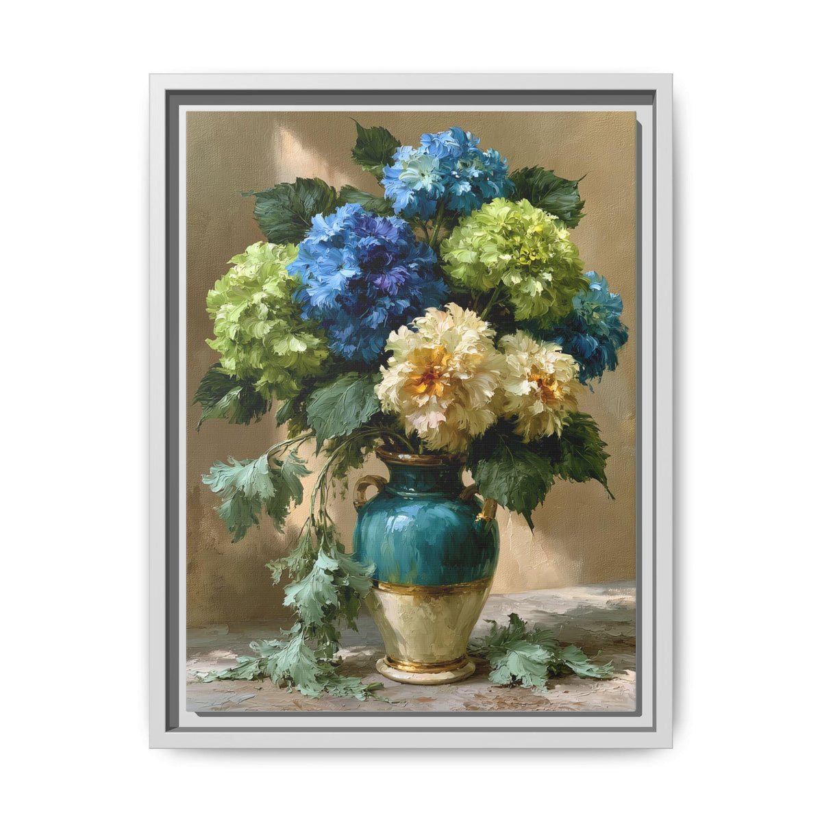 Hydrangea wall art framed canvas print in a white wood frame