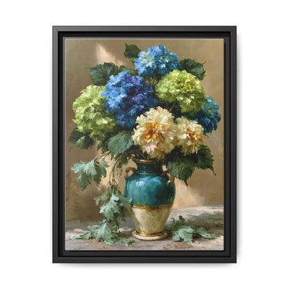 Hydrangea wall art framed canvas print in a black wood frame