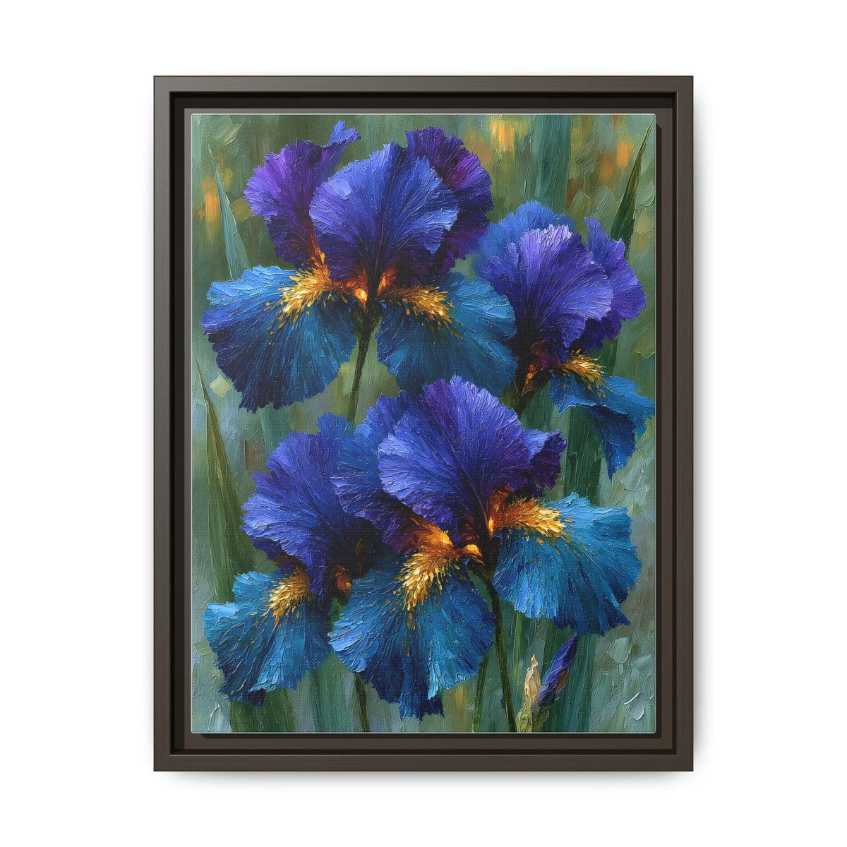 Iris wall art framed canvas print in an espresso wood frame