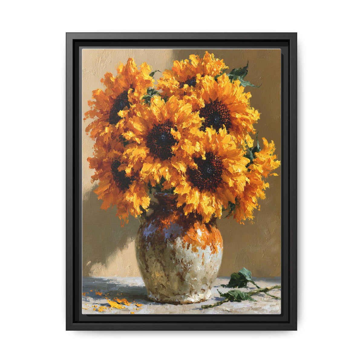 Sunflower wall art framed canvas print in a black wood frame