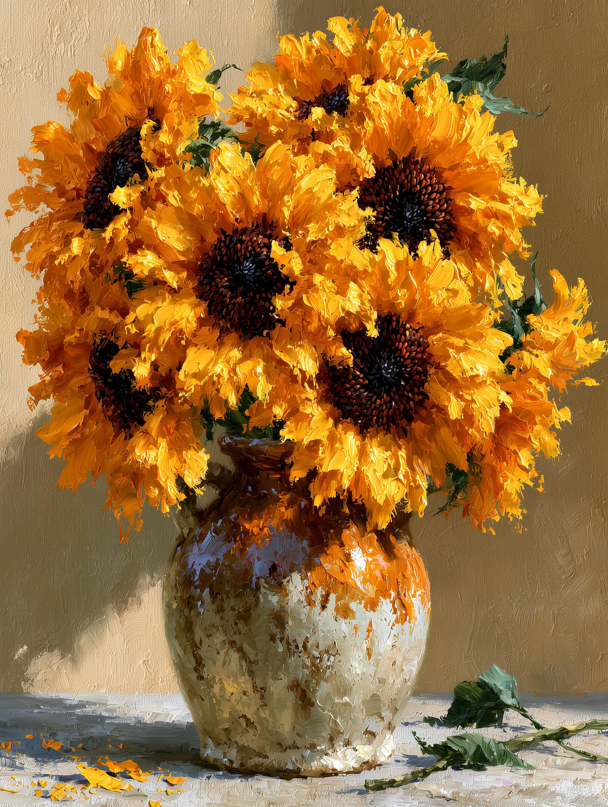 Painterly sunflower canvas print with petals built from heavy ridges of paint