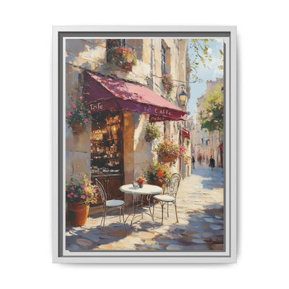 Cafe Terrace wall art framed canvas print in a white wood frame