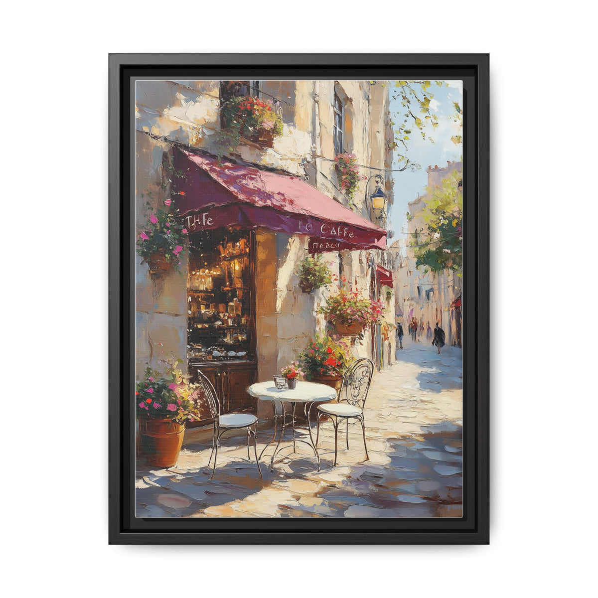 Cafe Terrace wall art framed canvas print in a black wood frame