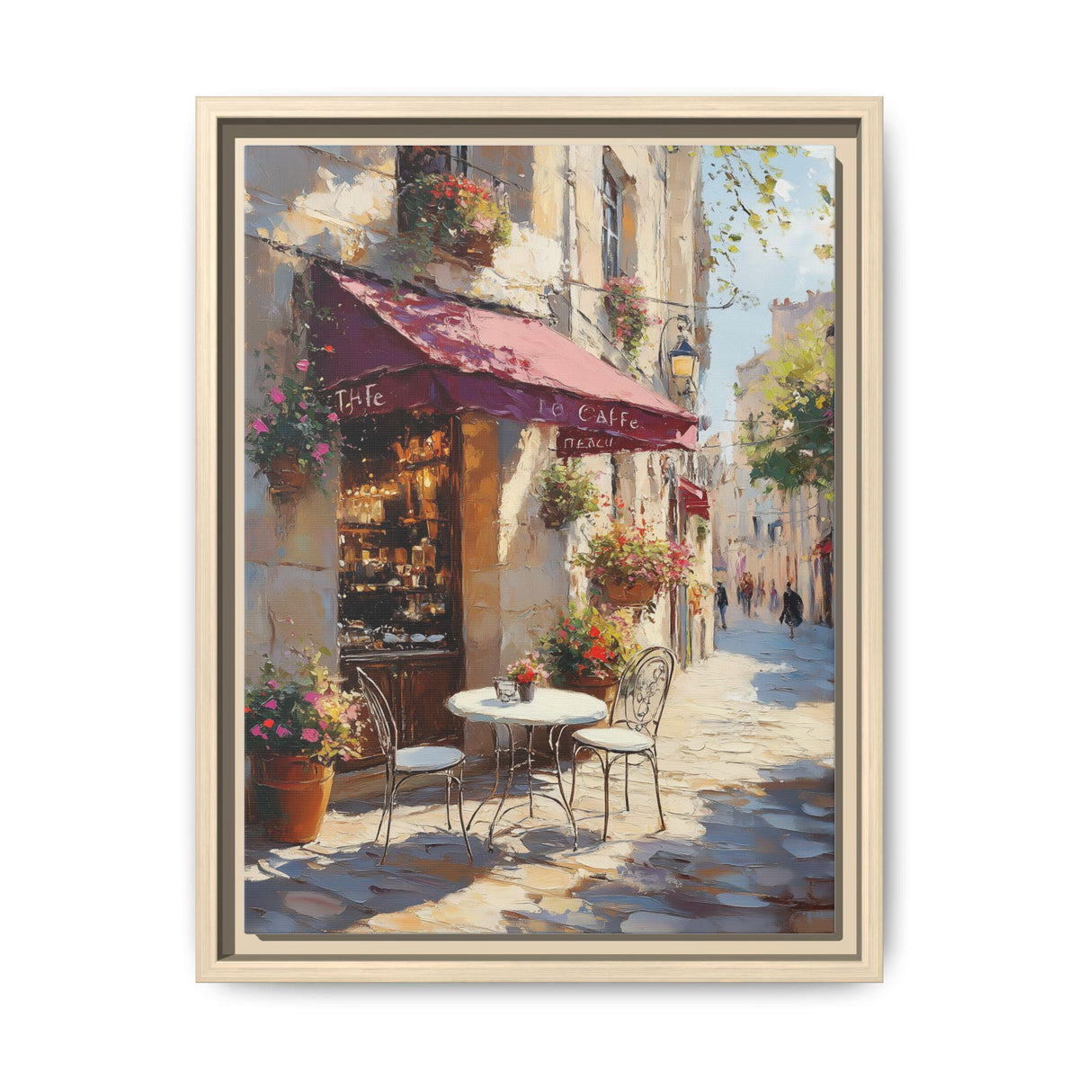 Cafe Terrace wall art framed canvas print in a natural wood frame