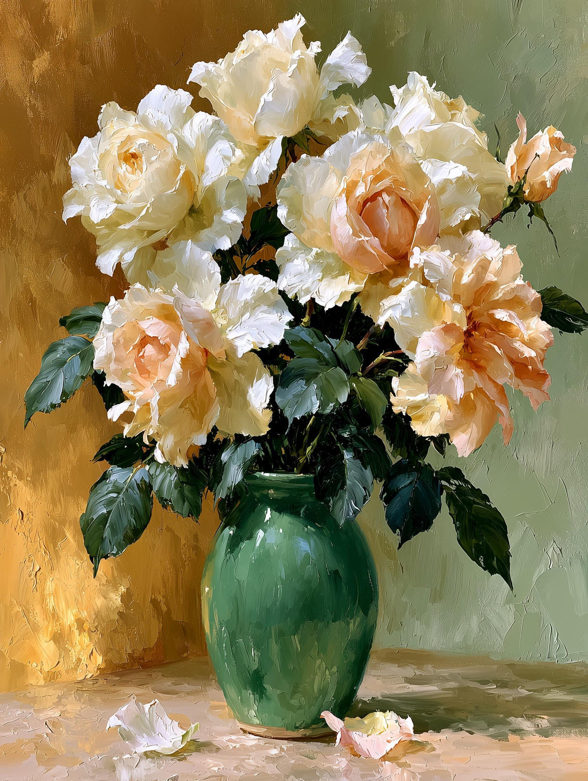 Garden rose bouquet canvas print with petals built up in swirling oil brushstrokes