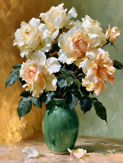 Garden rose bouquet canvas print with petals built up in swirling oil brushstrokes