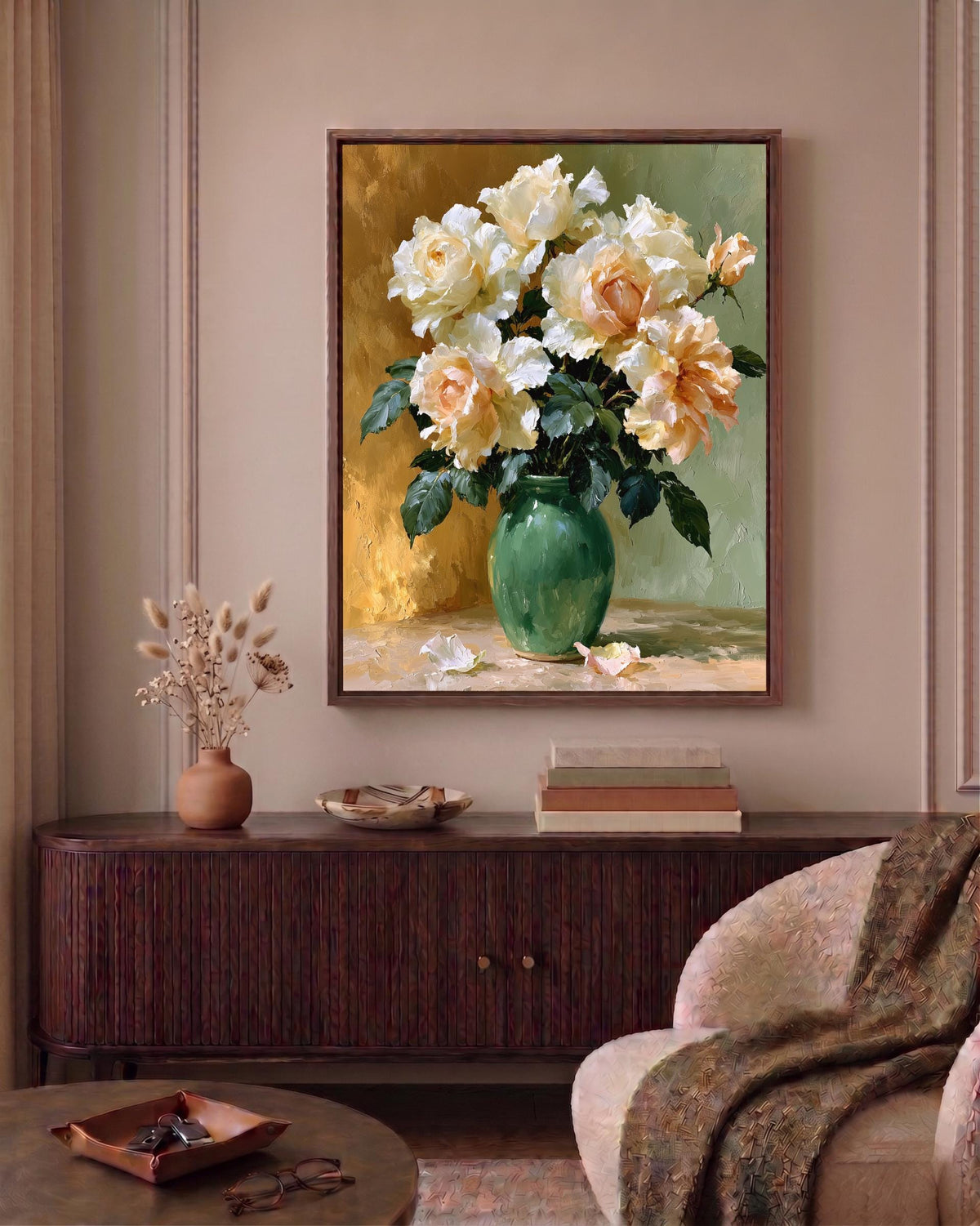 Impasto rose painting made to order, blooms in crimson, blush and deep green