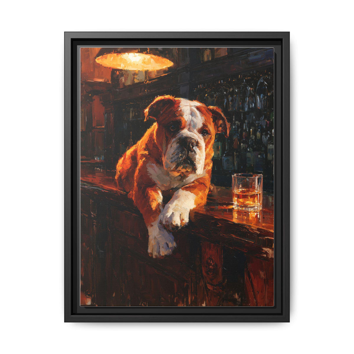 English Bulldog wall art framed canvas print in a black wood frame