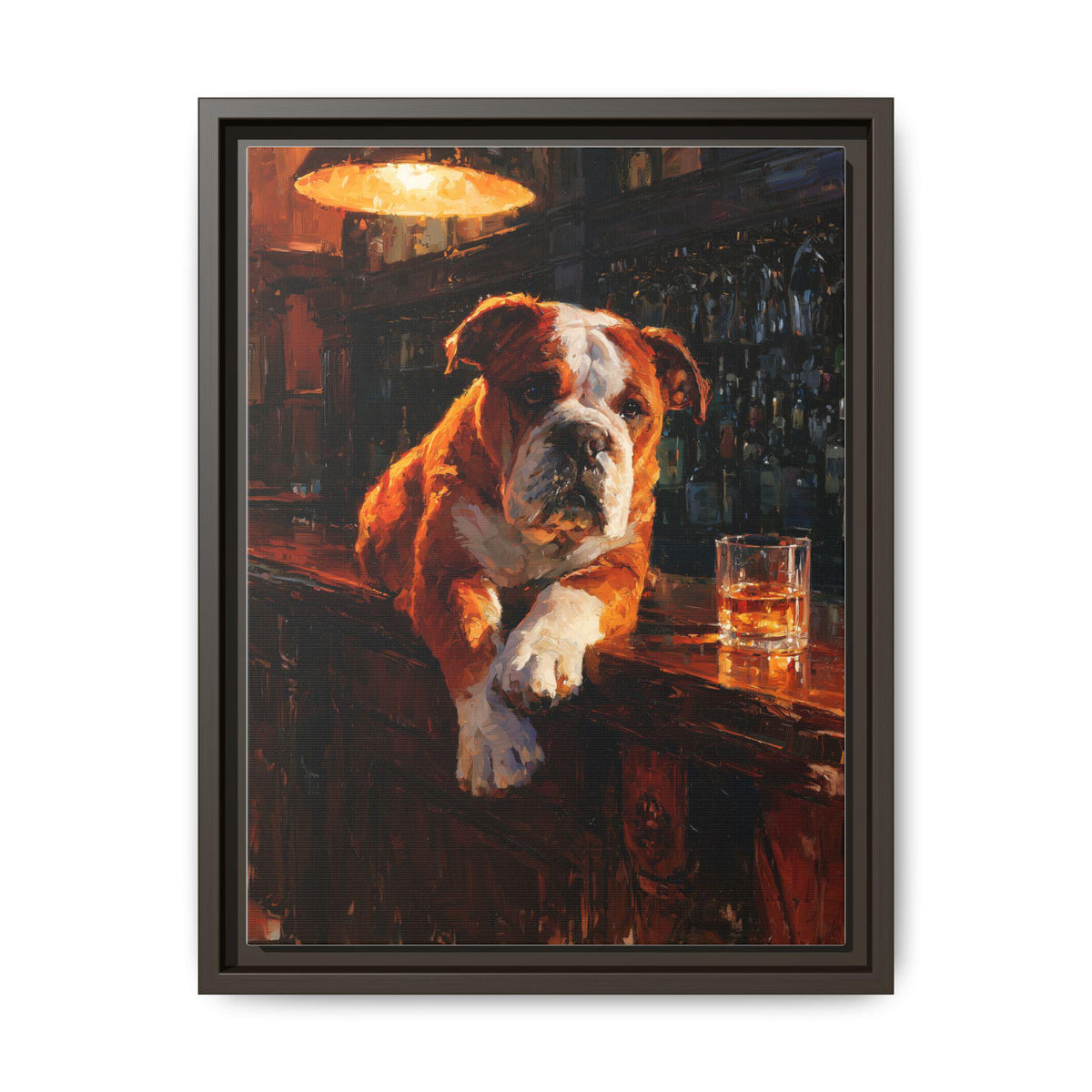 English Bulldog wall art framed canvas print in an espresso wood frame