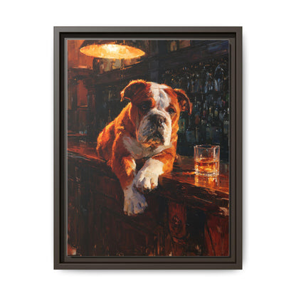 English Bulldog wall art framed canvas print in an espresso wood frame
