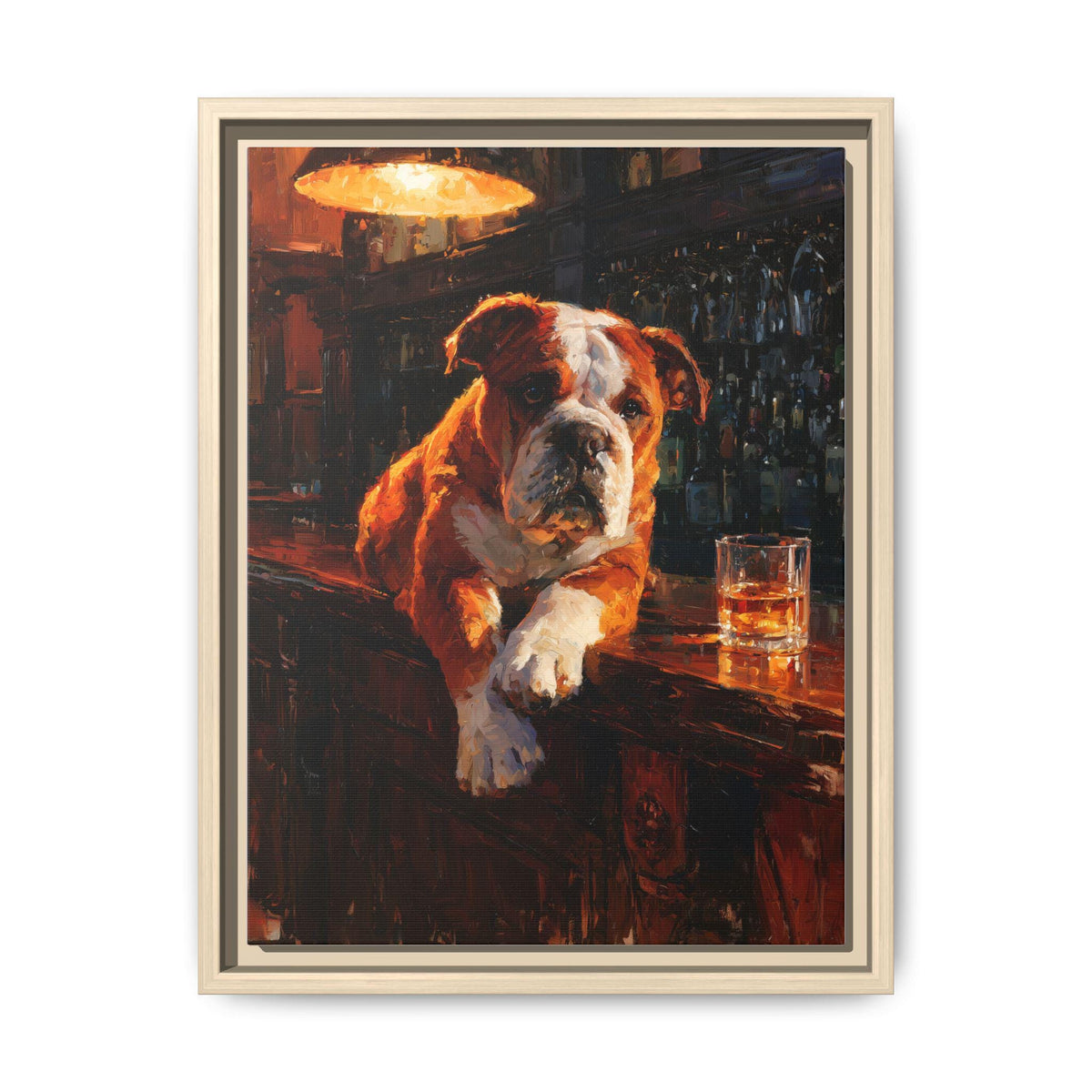 English Bulldog wall art framed canvas print in a natural wood frame