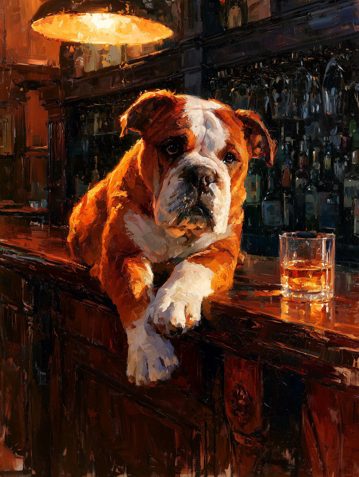 Painterly bulldog canvas print worked in glowing amber and deep brown oils