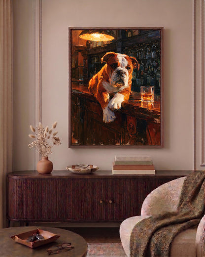 Oil-painting style dog and whiskey portrait, made to order and ready to hang