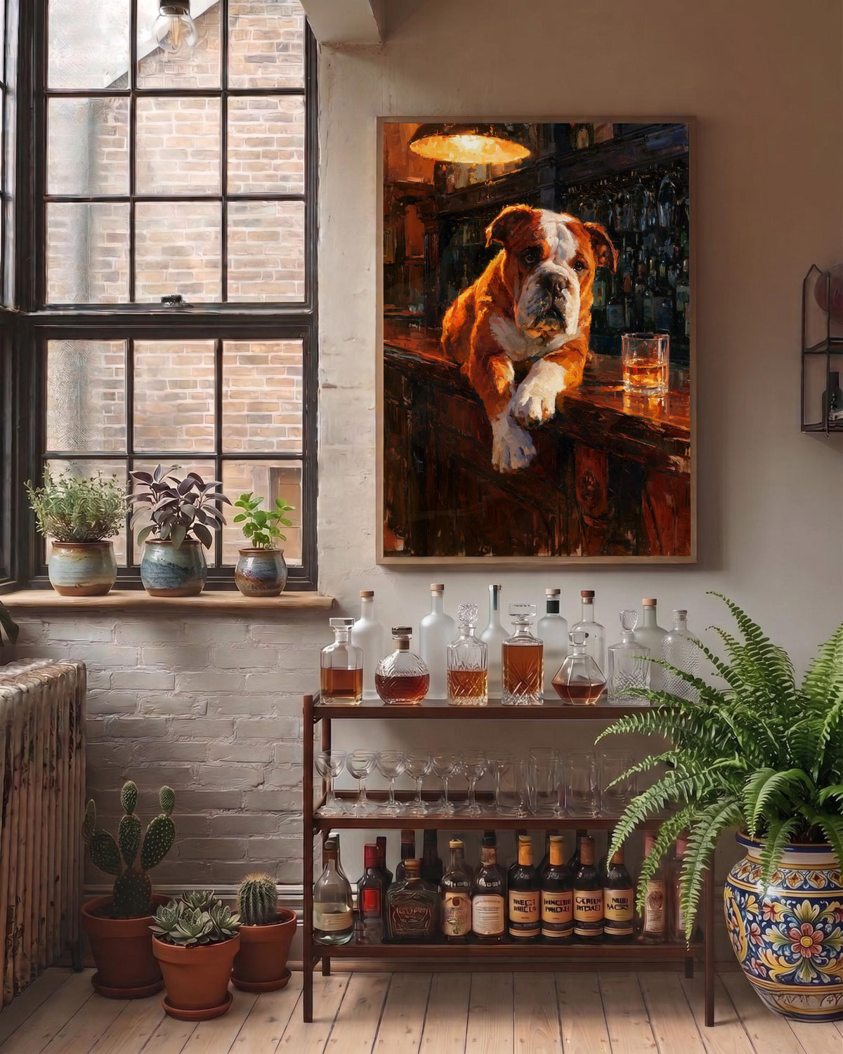 English Bulldog framed canvas printed on cotton and framed in solid wood