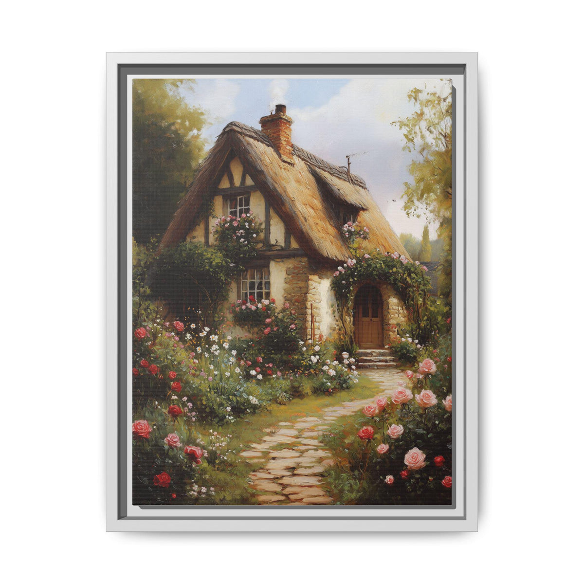Cottage Garden wall art framed canvas print in a white wood frame