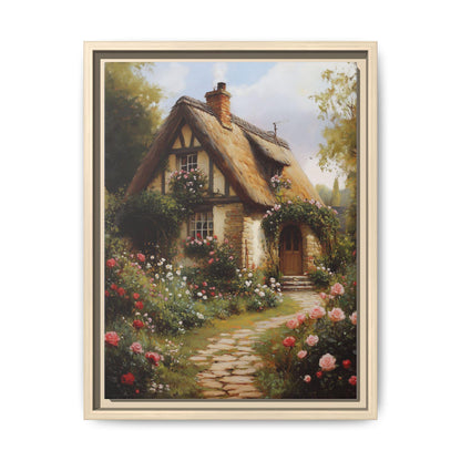 Cottage Garden wall art framed canvas print in a natural wood frame