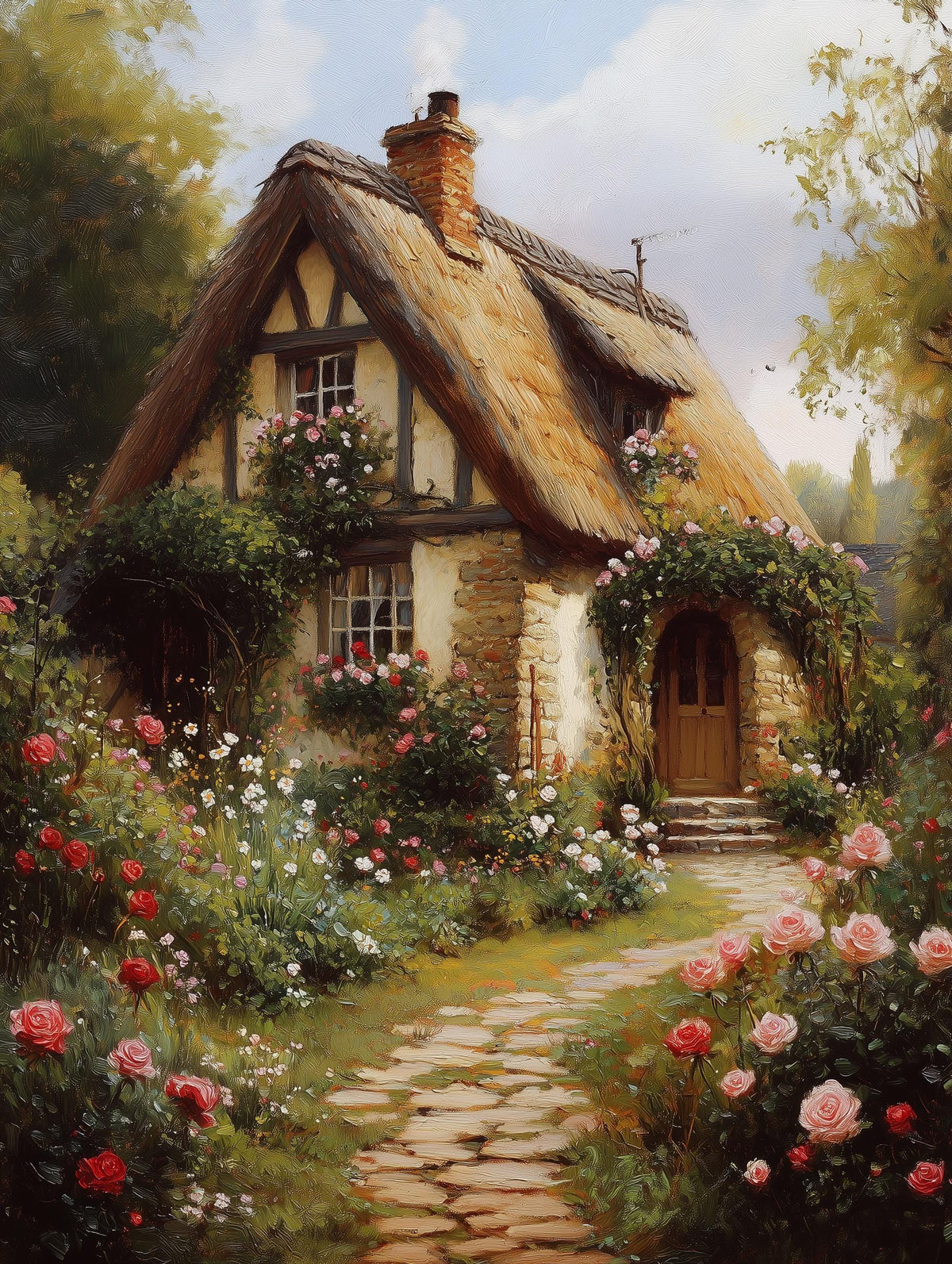 Painterly English cottage canvas print with a winding path through the roses