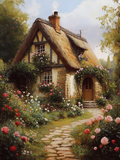 Painterly English cottage canvas print with a winding path through the roses
