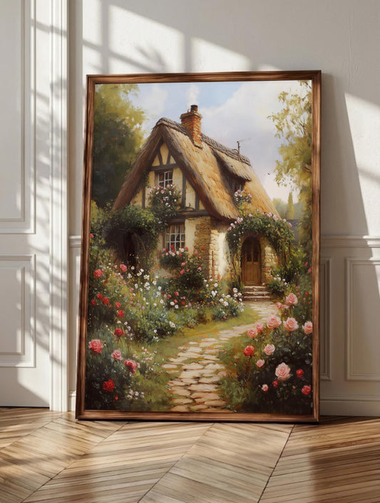 Cottage garden wall art: climbing roses spilling across a thatched stone cottage