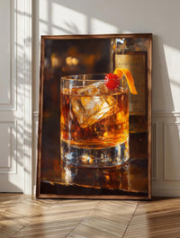 Old Fashioned wall art: whiskey over one large ice cube with orange peel and cherry
