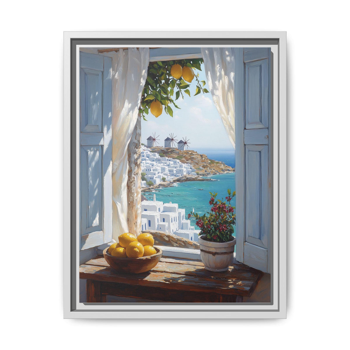 Mykonos wall art framed canvas print in a white wood frame
