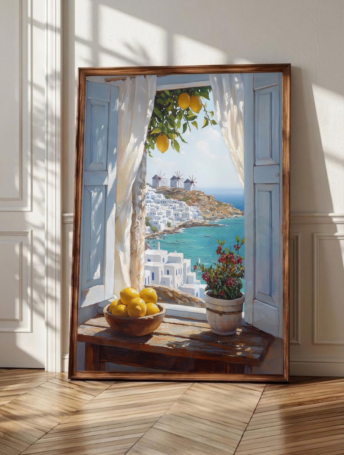 Mykonos wall art: a sunlit open window framing lemons and whitewashed Greek rooftops