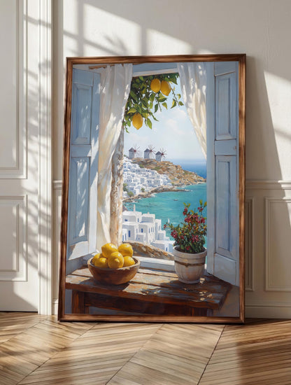 Mykonos wall art: a sunlit open window framing lemons and whitewashed Greek rooftops