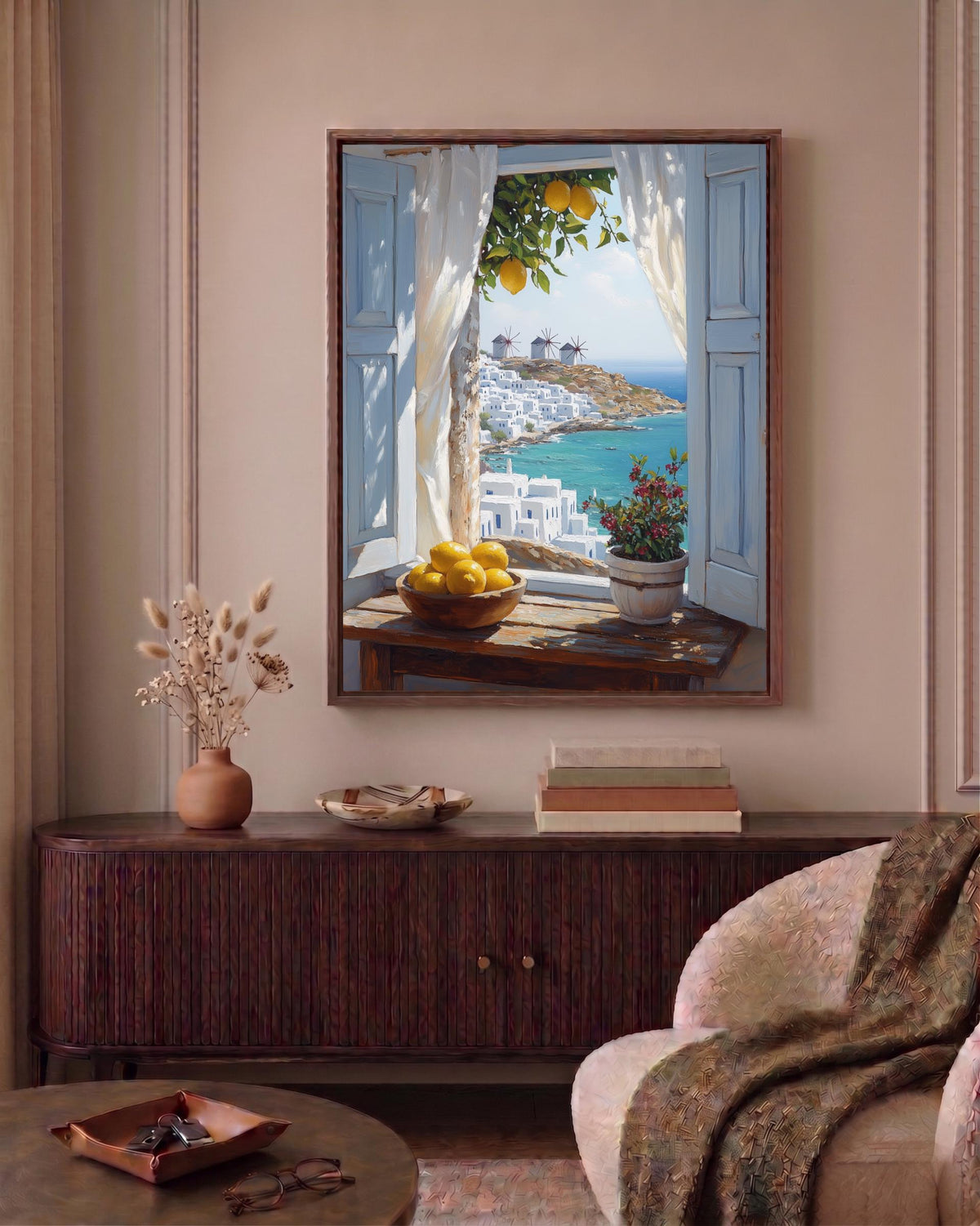 Greek island framed canvas art in a solid wood frame, ready to hang