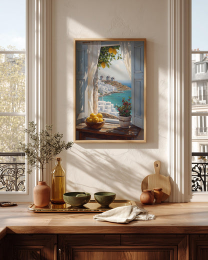 Oil-painting style cotton canvas print of blue shutters, white walls and Aegean light