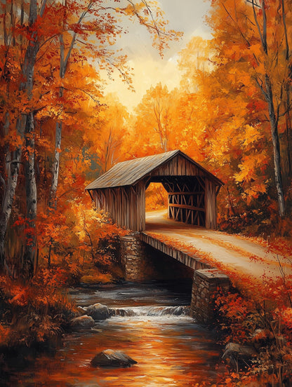 Painterly covered bridge canvas print framed by red and gold fall foliage