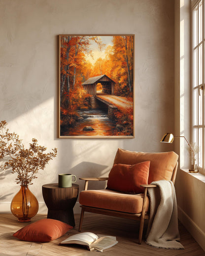 New England autumn framed canvas art in a solid wood frame, ready to hang