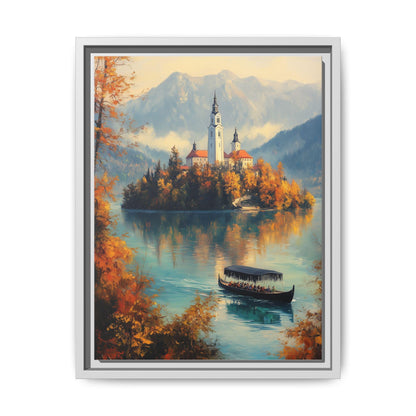 Lake Bled wall art framed canvas print in a white wood frame