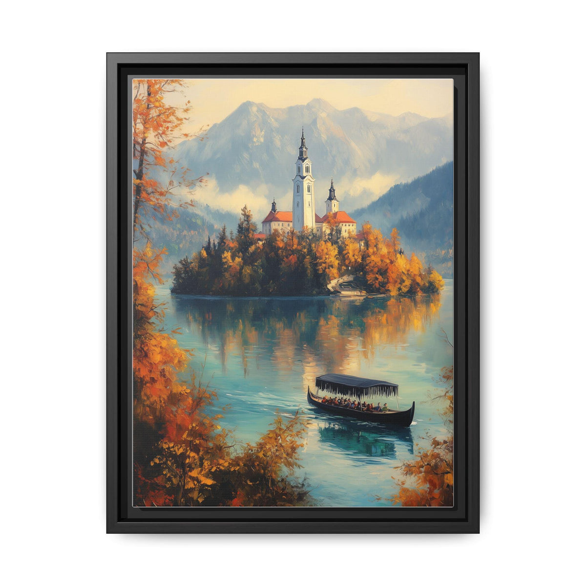 Lake Bled wall art framed canvas print in a black wood frame