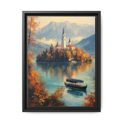 Lake Bled wall art framed canvas print in a black wood frame