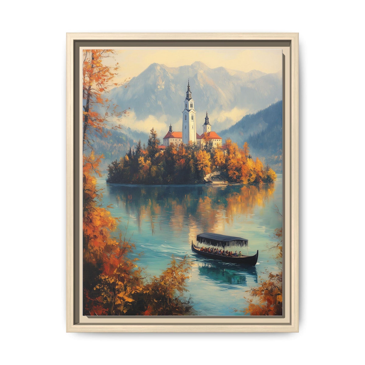 Lake Bled wall art framed canvas print in a natural wood frame