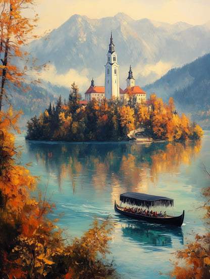 Alpine lake painting with a pletna boat gliding past in autumn gold