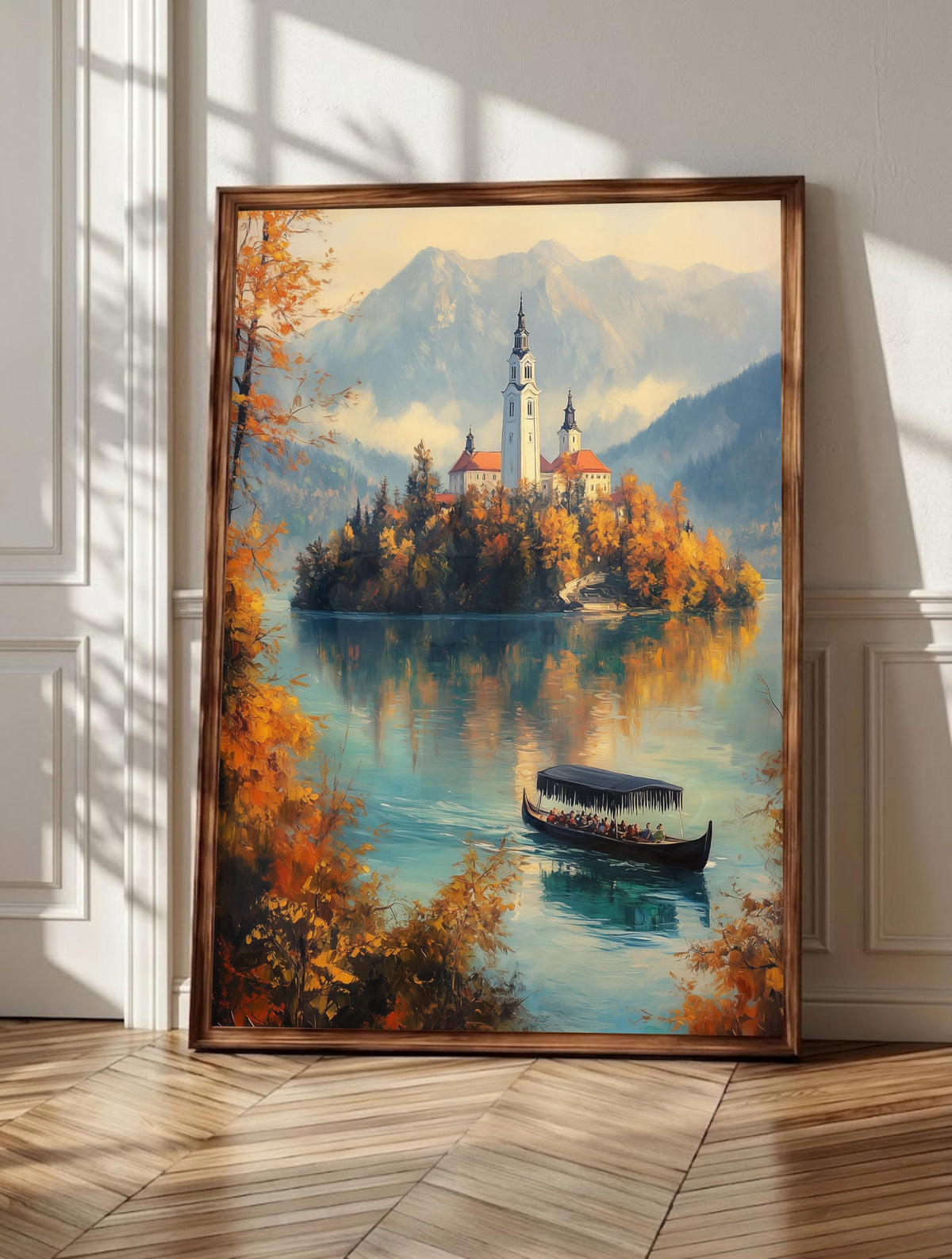 Lake Bled wall art: the island church above emerald Slovenian water, framed canvas print