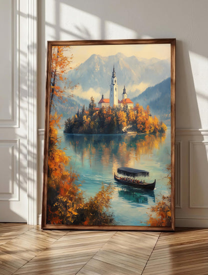 Lake Bled wall art: the island church above emerald Slovenian water, framed canvas print