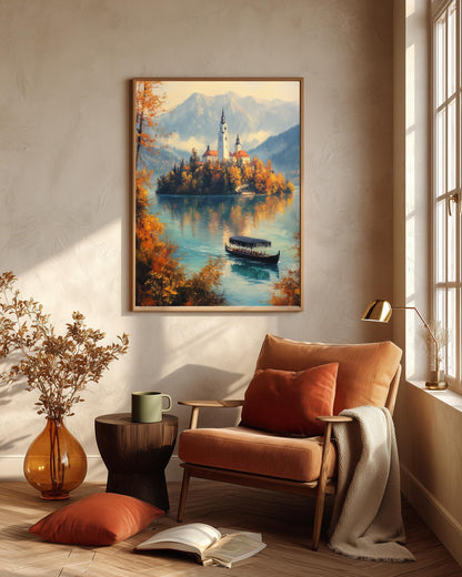 Oil-painting style bell tower and mountains in green and gold, made to order