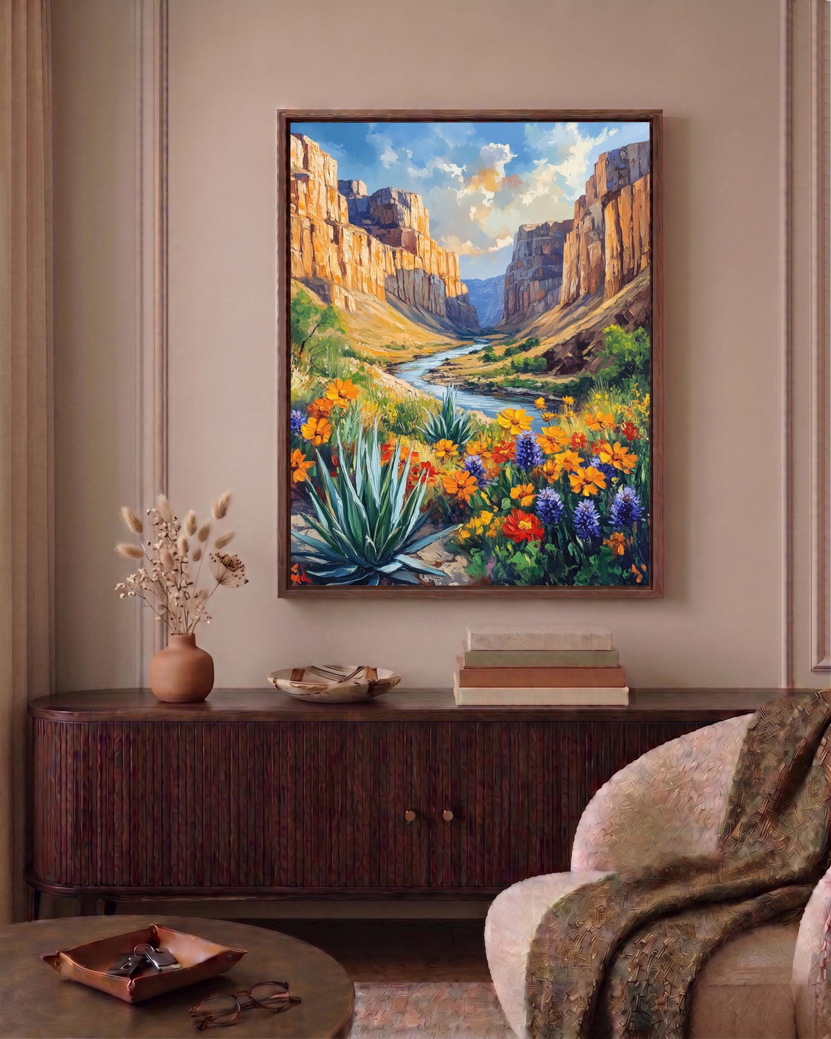 Southwest canyon framed canvas art set in a solid wood frame, ready to hang