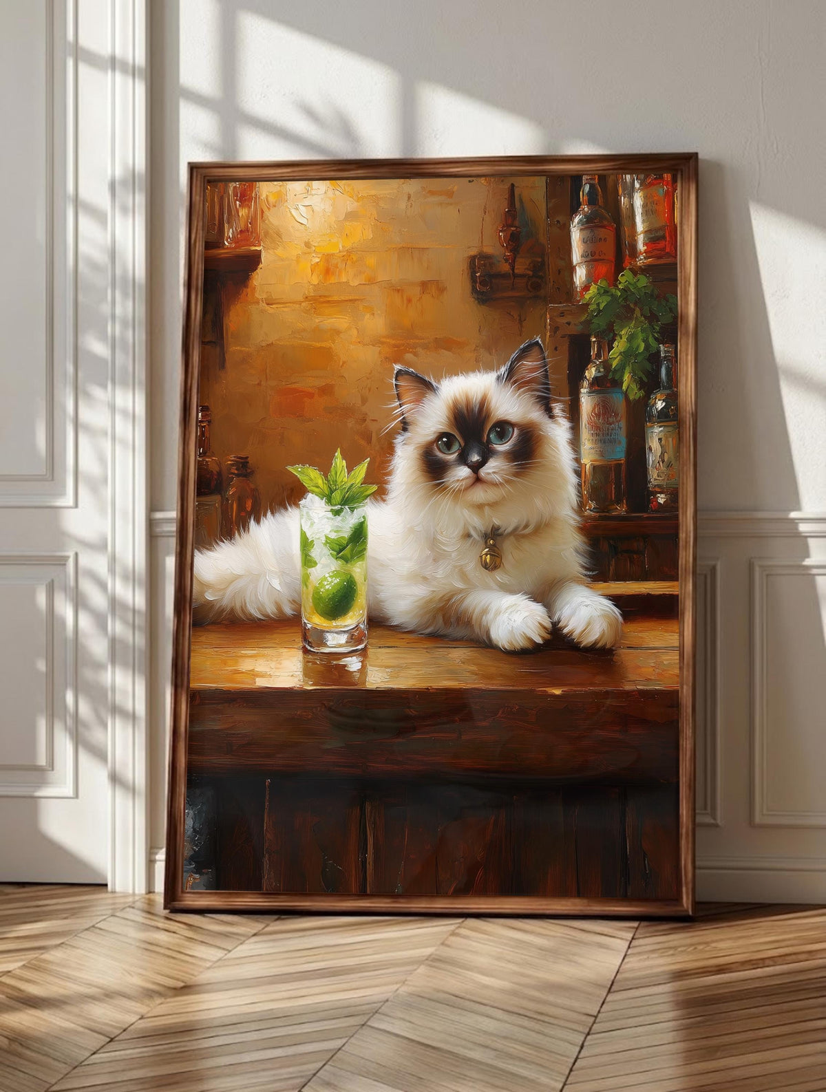 Ragdoll cat wall art: a cream seal-point Ragdoll lounging at a bar counter