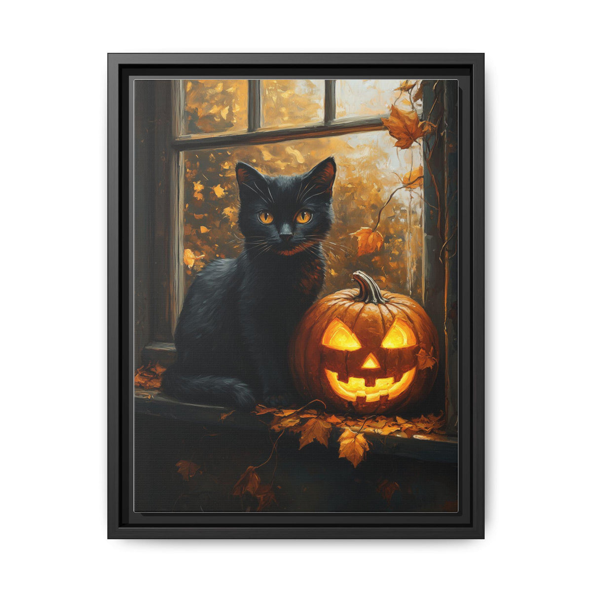 Black Cat wall art framed canvas print in a black wood frame