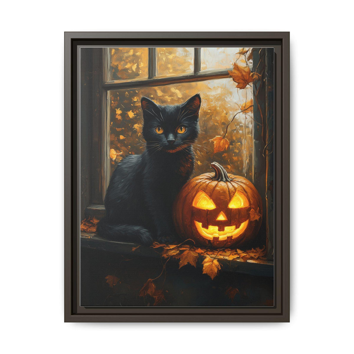 Black Cat wall art framed canvas print in an espresso wood frame
